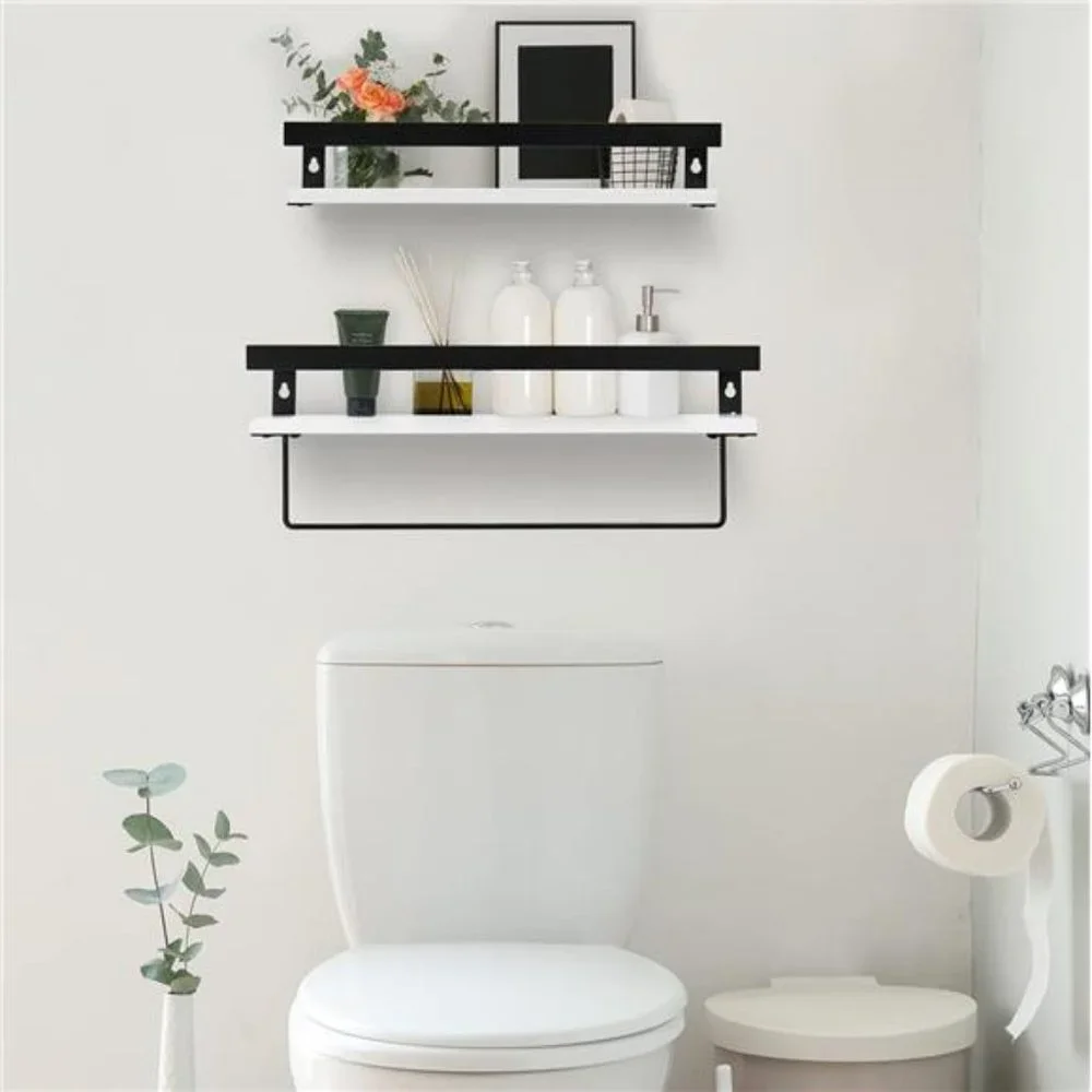 Bathroom Floating Shelves for Wall, White Wall Storage Shelves with Towel Bar